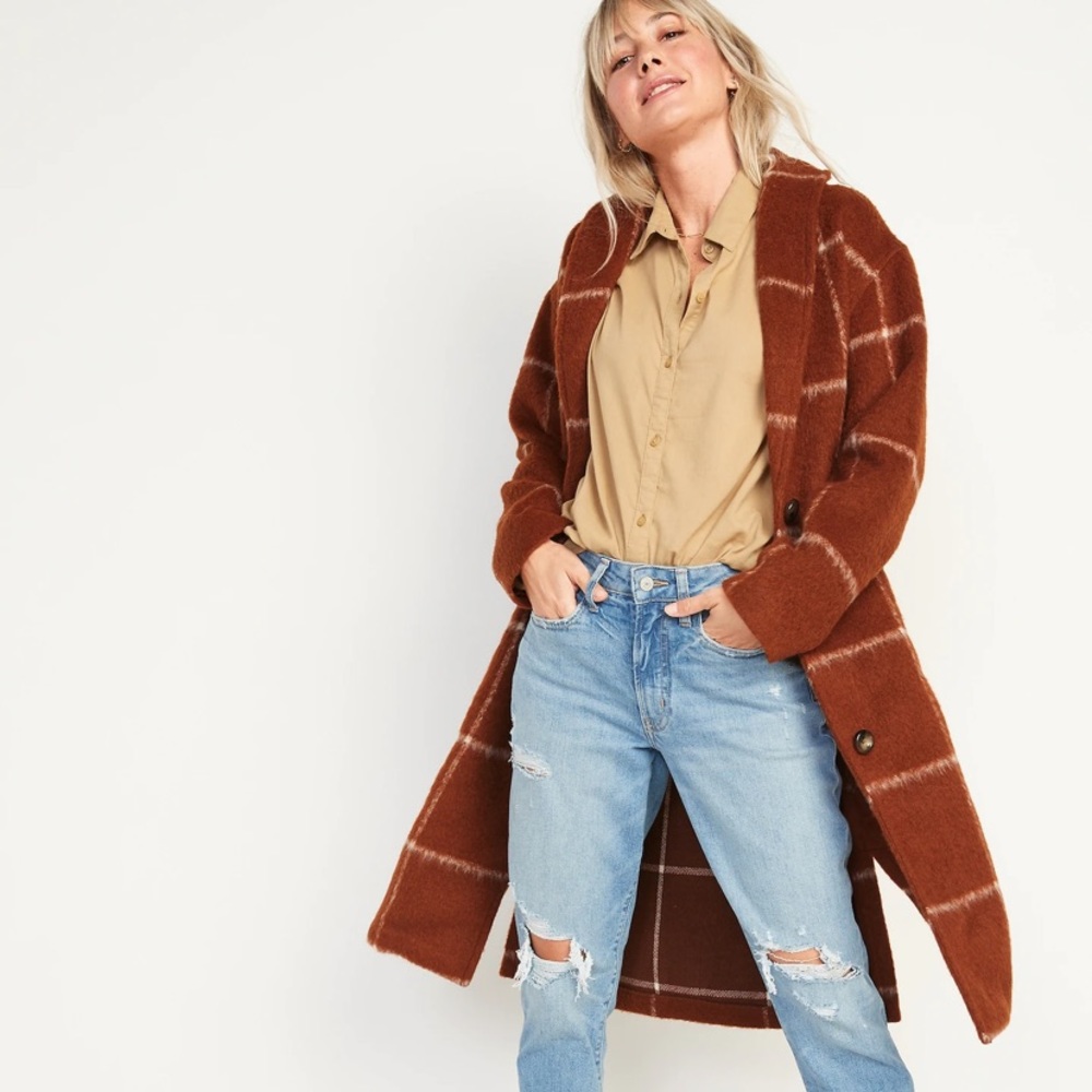 Relaxed Plaid Soft-Brushed Overcoat for Women - Rust